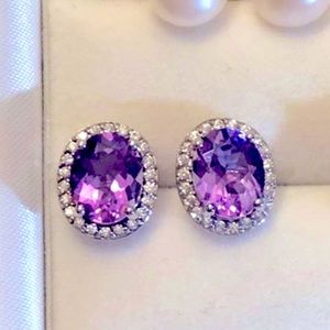 14K Sterling Silver Large Genuine African Amethyst Sapphire Halo Earrings New